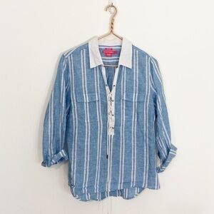 Island Company Medium 100% Linen Pirate Top Blue White Striped Lace Up
